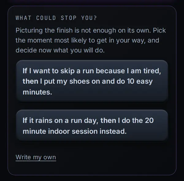 Two if-then plans the app suggested for a running goal, ready to tap, plus Write my own