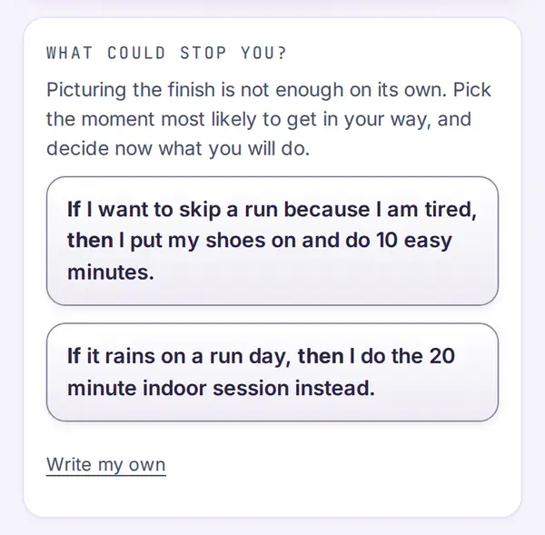 Two if-then plans the app suggested for a running goal, ready to tap, plus Write my own