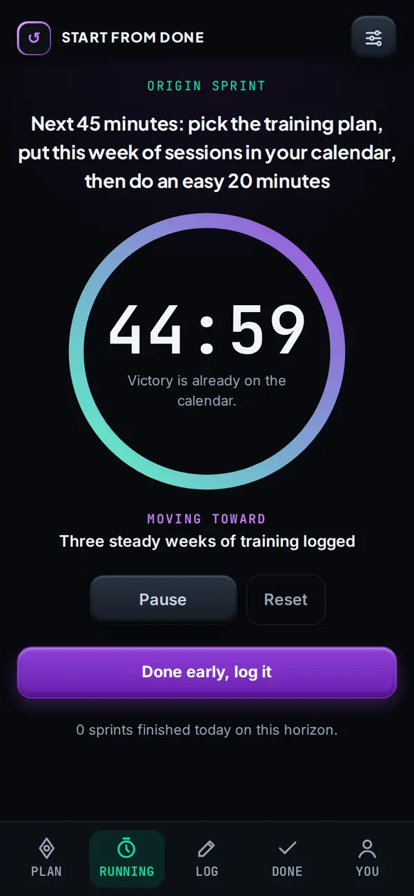 A 45 minute sprint timer for today's first step, moving toward the next milestone