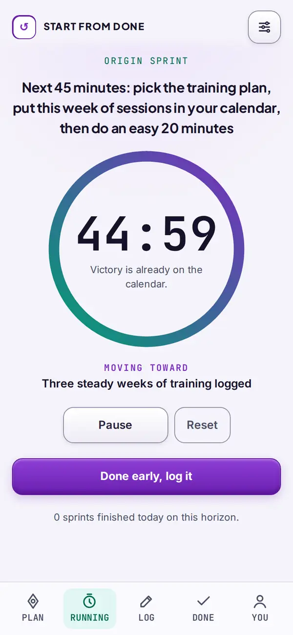 A 45 minute sprint timer for today's first step, moving toward the next milestone