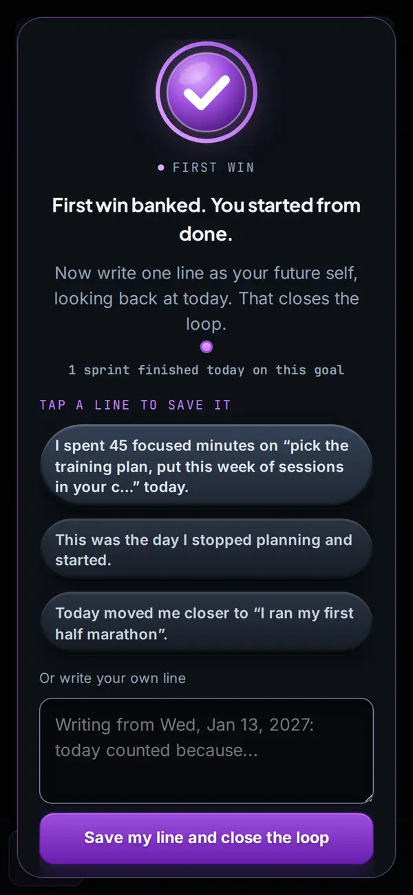 After a sprint, three ready lines to save as tonight's log, or write your own