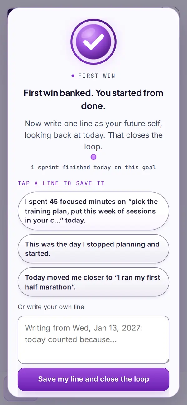 After a sprint, three ready lines to save as tonight's log, or write your own
