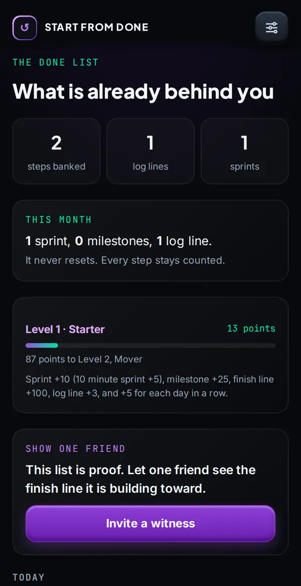 The Done list: steps banked, log lines and sprints, with this month's count