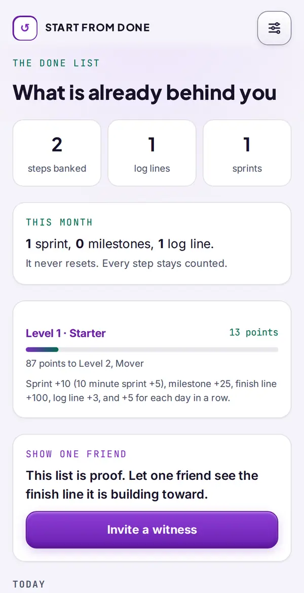 The Done list: steps banked, log lines and sprints, with this month's count